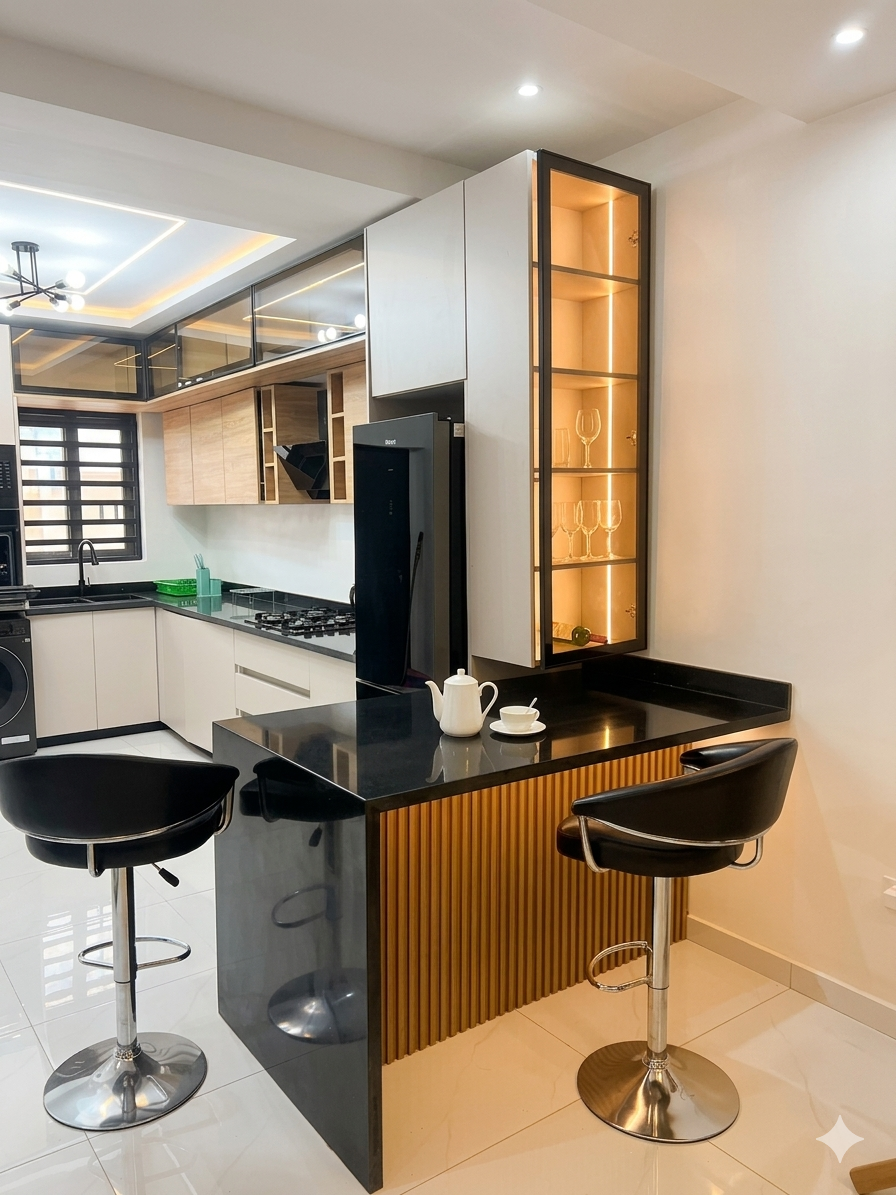 Breakfast bar with illuminated drinks cabinet and bar stools