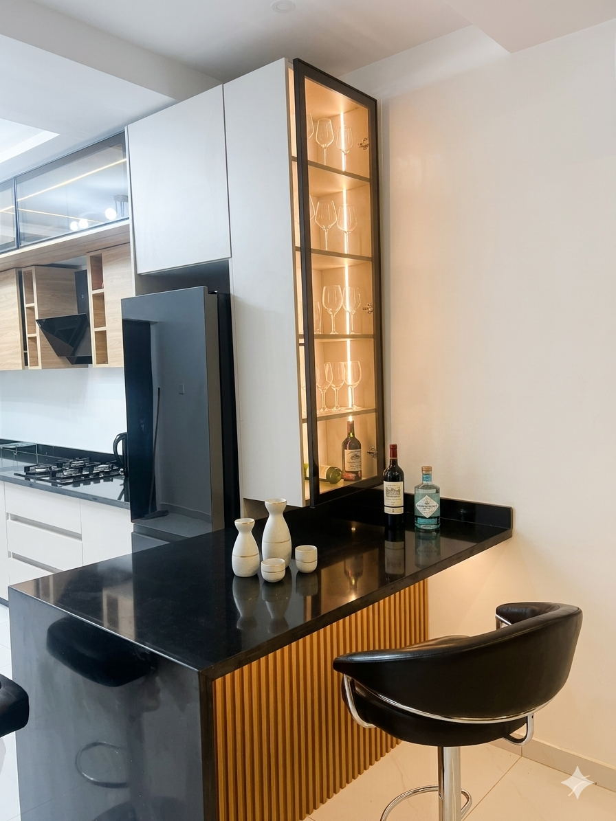 Designer breakfast bar with illuminated drinks cabinet