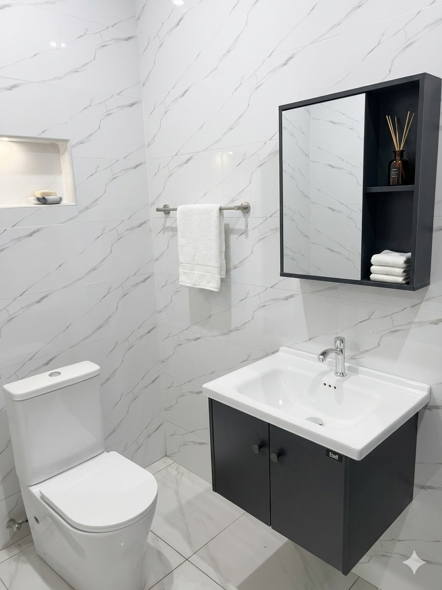 En-suite bathroom with marble tiles, dark vanity and premium towels