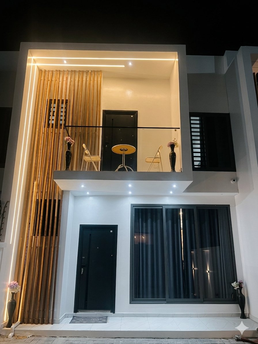 No. 4 East Legon Hills — exterior at night with LED architectural lighting