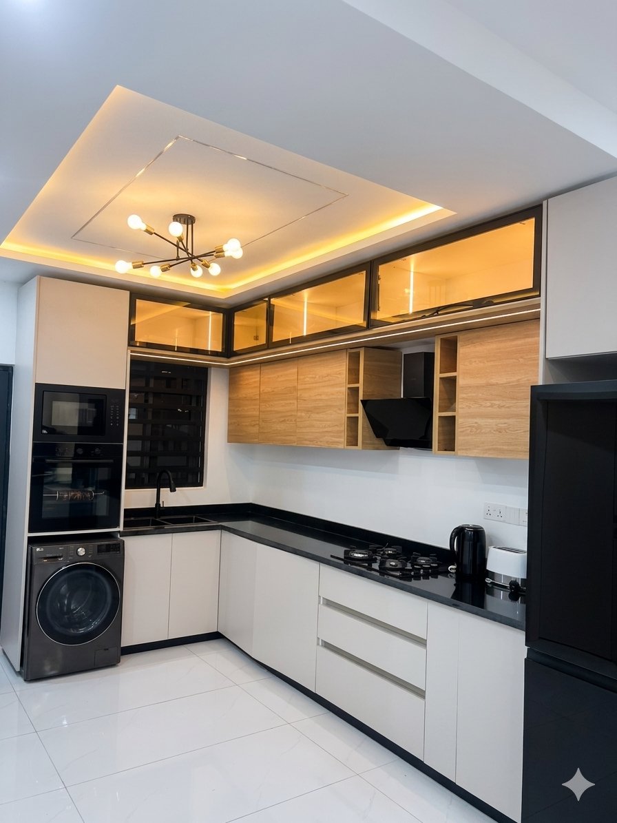 Designer kitchen with black granite worktops and bronze mirrored cabinetry
