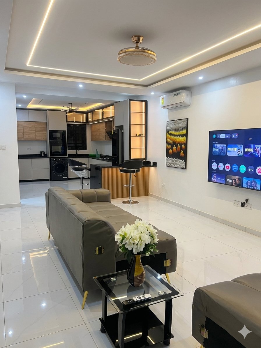 Open-plan lounge with 75 inch QLED TV and designer ceiling lighting
