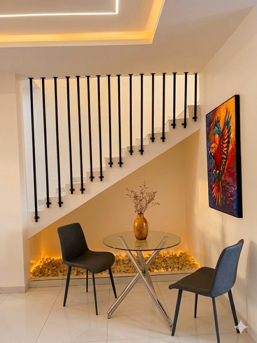 Original hand-painted Ghanaian artwork beside the feature staircase and illuminated pebble garden
