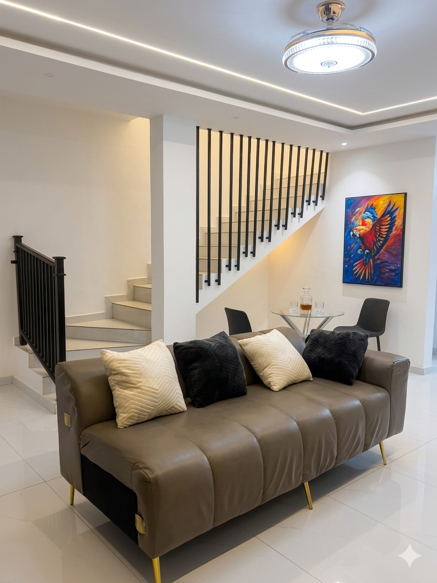 Open lounge with feature staircase and original Ghanaian artwork