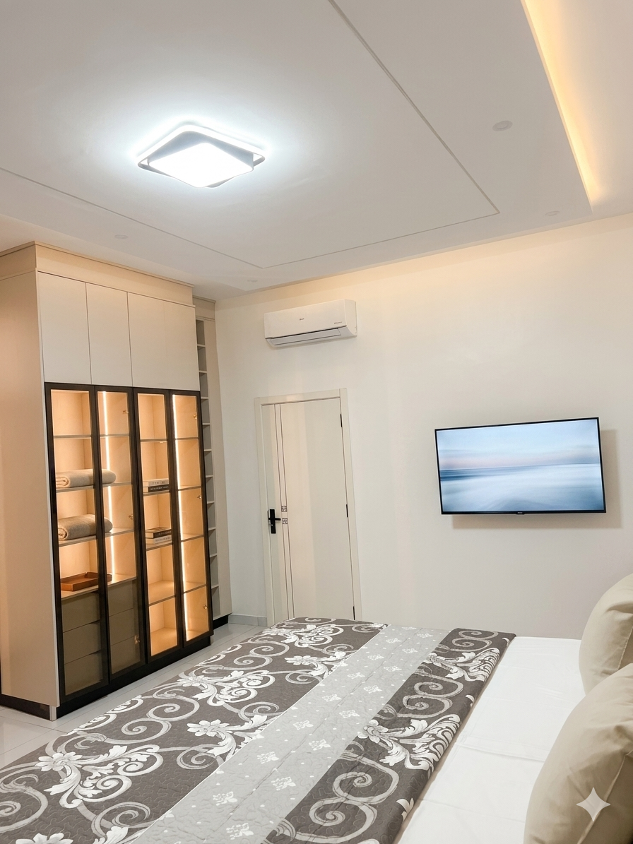 Master suite showing 50 inch TV, illuminated wardrobe and AC unit