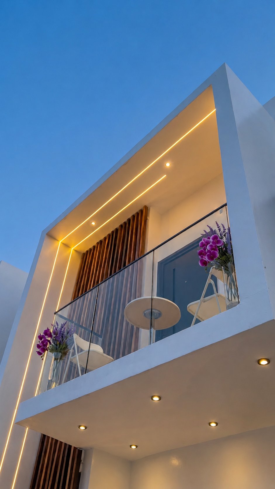 Private balcony at blue hour with glass balustrade and LED lighting