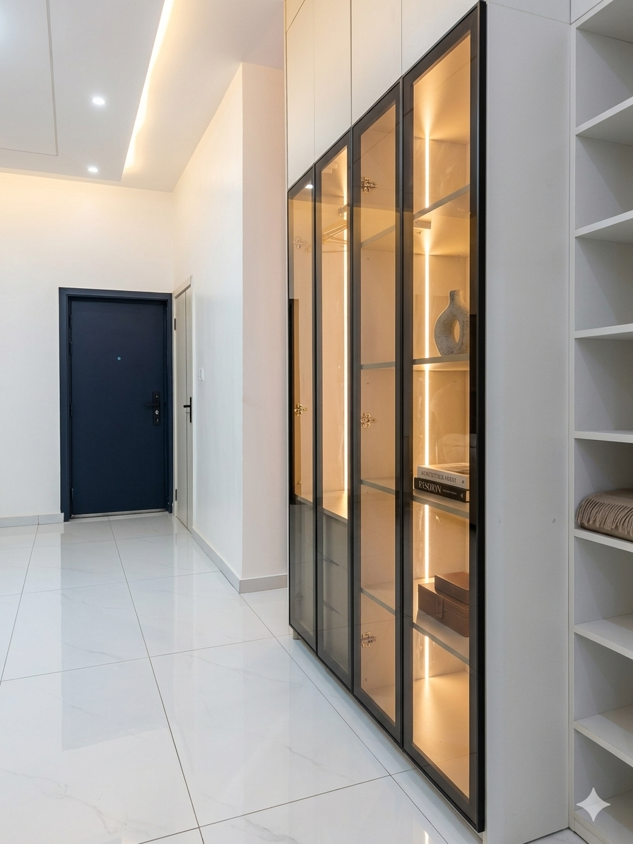 Illuminated walk-in wardrobe with bronze glass doors